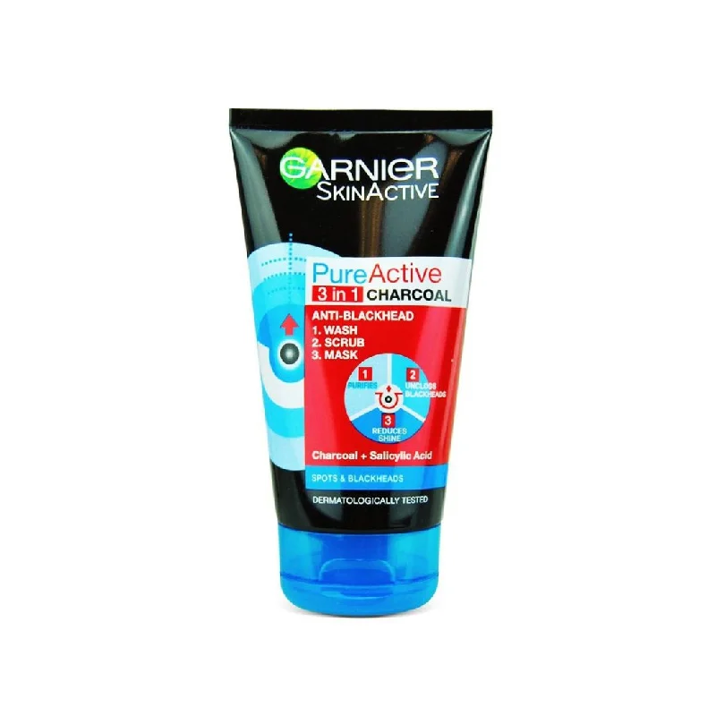 Facial cleansers non-drying white-Garnier 3 In1 Pure Active Charcoal Face Wash Mask Scrub 100 ml